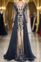 Luxury Long Sleeves V-neck Long Semi Formal Prom Dresses Overskirt Mother Semi Formal Prom Dresses